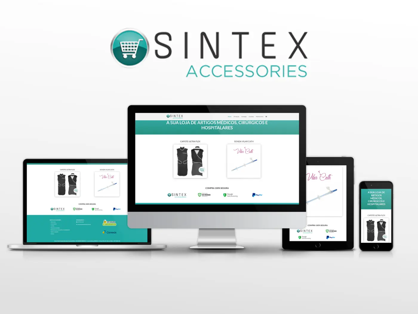 Mockup responsivo da Loja Sintex Medical em desktop, notebook, tablet e smartphone