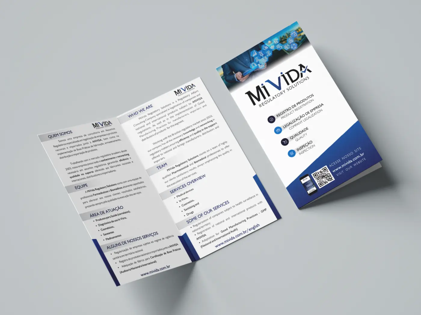 Folder institucional bilíngue da MiVida Regulatory Solutions